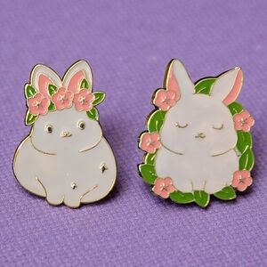 Cute Flower Bunny Enamel Pins - White and Pink
